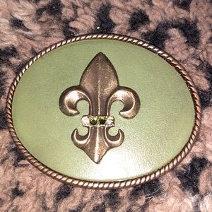 Buckle - Antique brass and green leather belt buckle with Fleur de Lis medallion